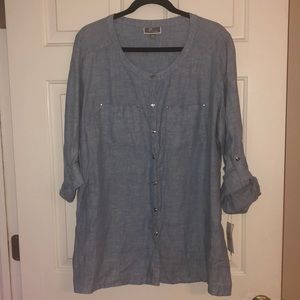 100% Linen Chambray Blue Top Size 14 W